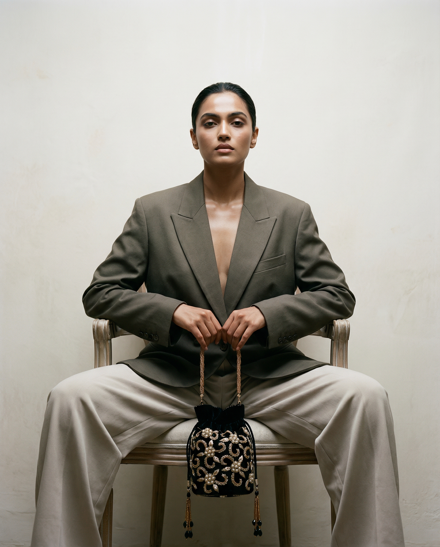 Schwarze Potli Bag aus Samt mit goldener Stickerei und Perlenverzierung auf gehalten  mit beiden Händenvon einer Dame sitzend auf einem Stuhl.