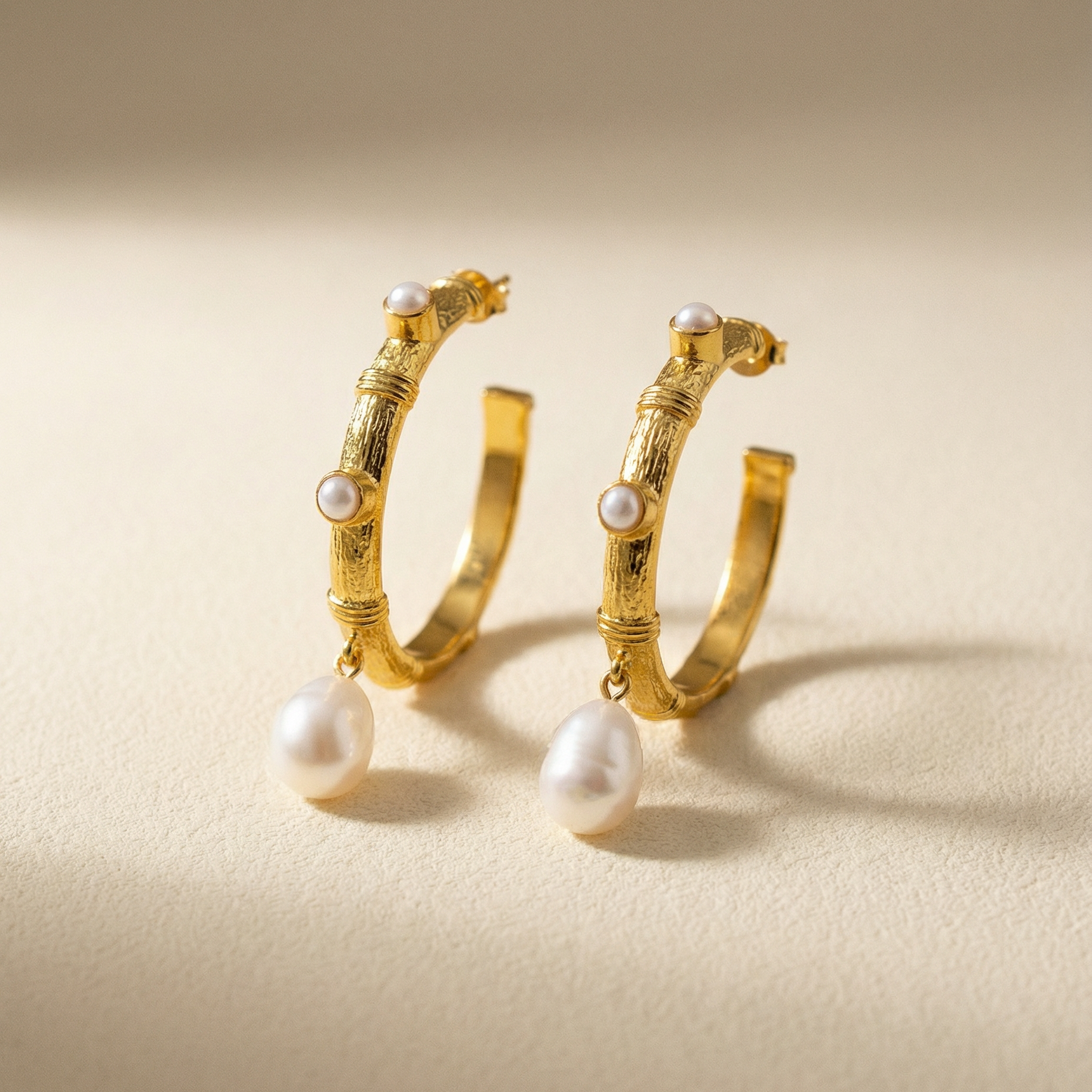 Goldene Kreolen mit Süsswasserperlen auf beigem Hintergrund. Spiel von Schatten und Licht